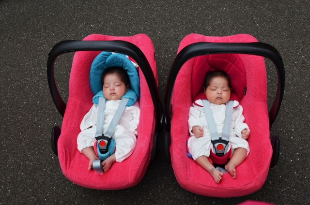 キャリー型チャイルドシートに乗る２人の赤ちゃん